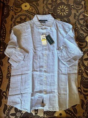 Perry Ellis Shirt Mens Linen Roll Up Sleeve Stripe Button Up